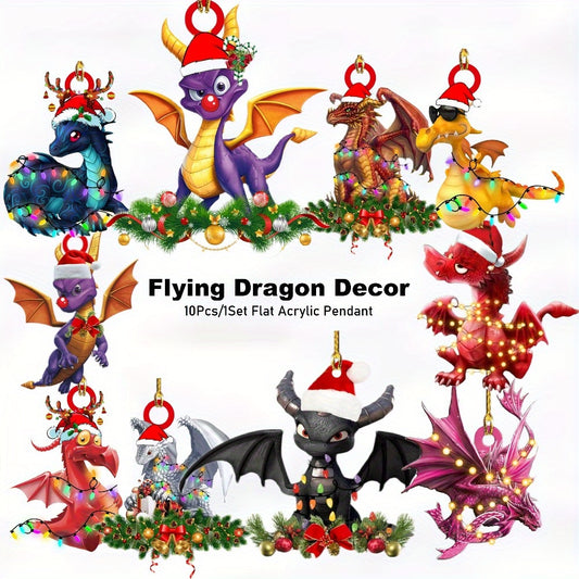 10pcs Colorful Dragon Acrylic Decor Set - 2D Flat Pendants with 3D Effect for Outdoor, Christmas Tree, Birthday, Home & Office Decoration, Dragon Decor, Perfect for Room Decor