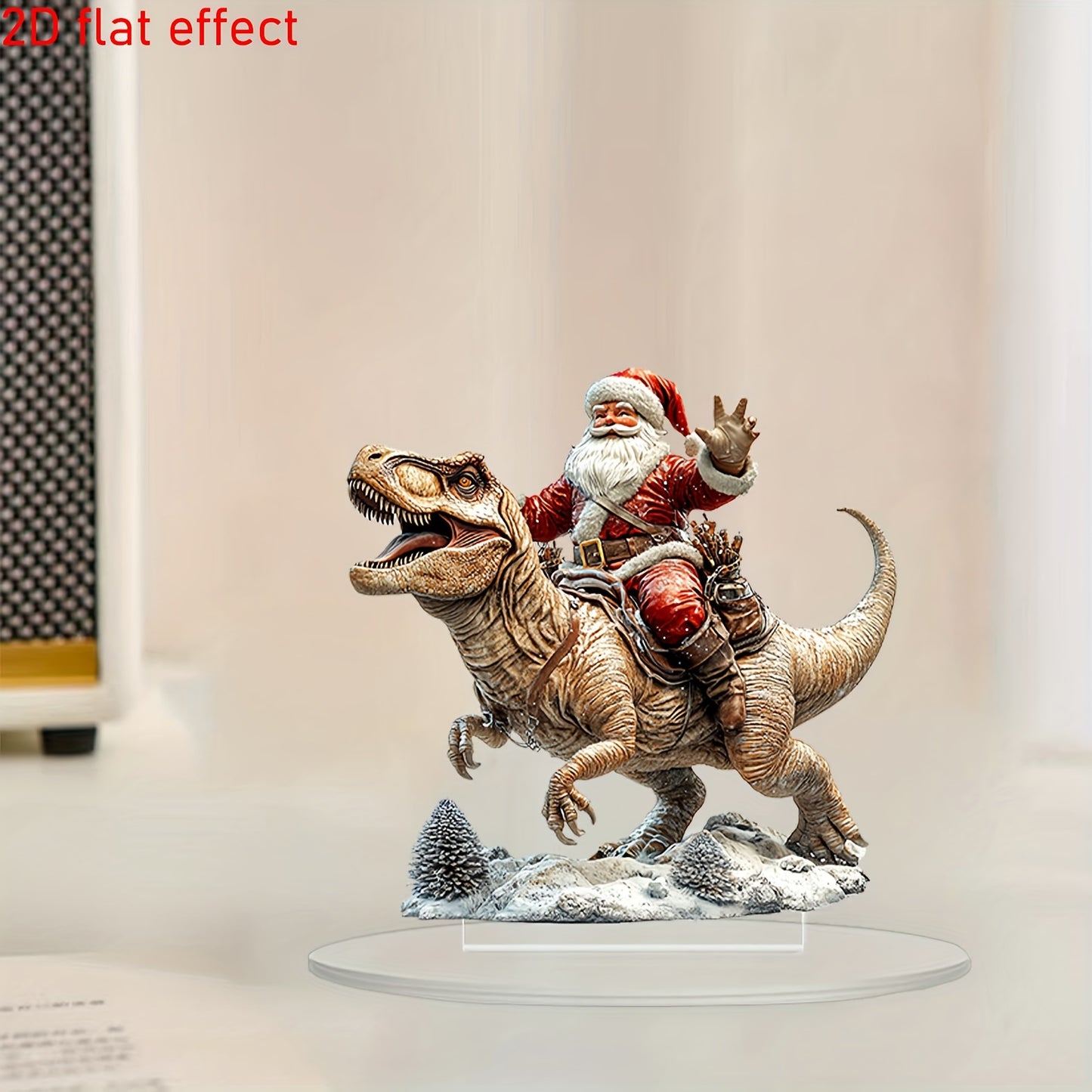 1pc Acrylic 2D Flat Effect Christmas Santa Claus on Dinosaur Tabletop Decor - Artistic Style, Multipurpose Holiday Ornament for Home, Party, Window Display, Desk Decoration, Perfect Gift