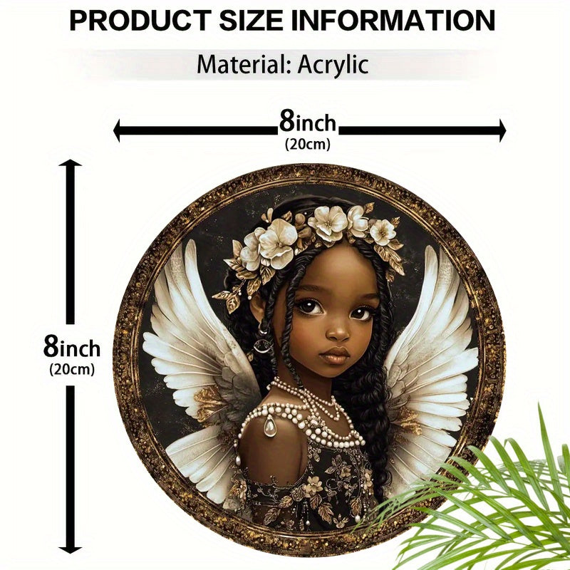 1pc 2D Circular Flat Printing, Acrylic African Angel Doll Logo (8x8 Inches), Angel Wings/ golden Little Angel Logo, Suitable for Home/ garage/ coffee Shop/ office, Window Decoration Pendant, Holiday Party Decoration, Perfect Gift for Women and Girls