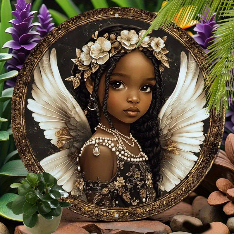 1pc 2D Circular Flat Printing, Acrylic African Angel Doll Logo (8x8 Inches), Angel Wings/ golden Little Angel Logo, Suitable for Home/ garage/ coffee Shop/ office, Window Decoration Pendant, Holiday Party Decoration, Perfect Gift for Women and Girls