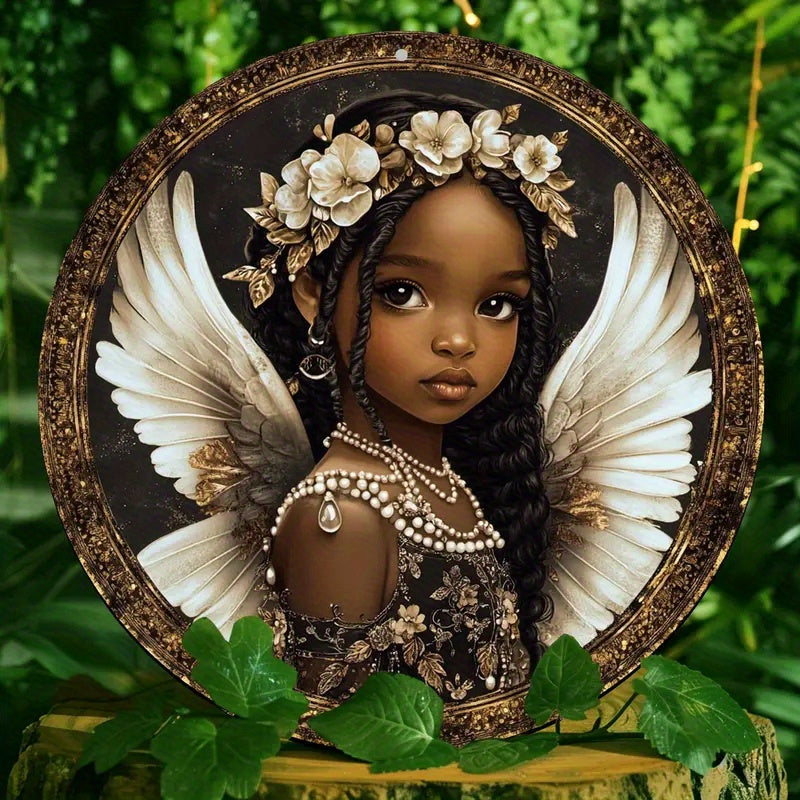 1pc 2D Circular Flat Printing, Acrylic African Angel Doll Logo (8x8 Inches), Angel Wings/ golden Little Angel Logo, Suitable for Home/ garage/ coffee Shop/ office, Window Decoration Pendant, Holiday Party Decoration, Perfect Gift for Women and Girls