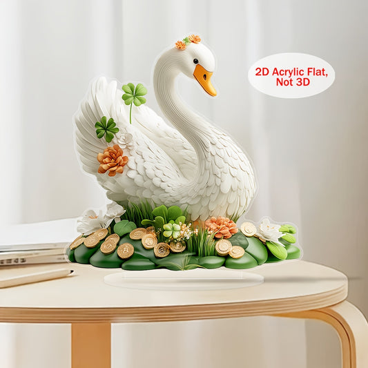 1pc 2D Flat Acrylic, Acrylic decoration, Swan with Four leaf clovers, St. Patrick's Day, Hello Spring, St. Patrick's Day party, perfect gift for office, ideal for living room, Gift for family or friends, "with base"