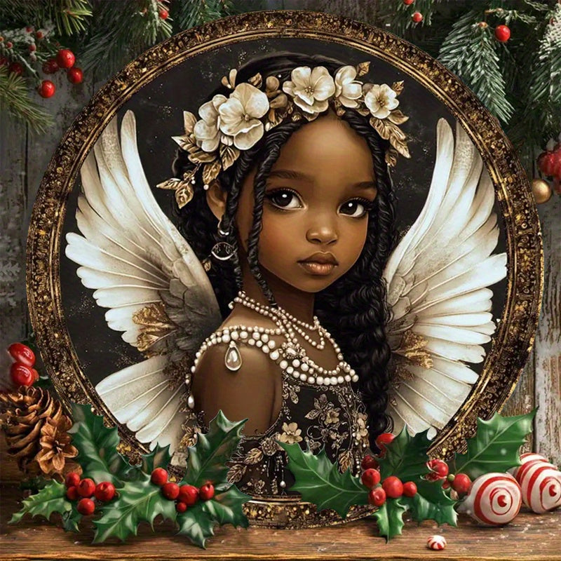 1pc 2D Circular Flat Printing, Acrylic African Angel Doll Logo (8x8 Inches), Angel Wings/ golden Little Angel Logo, Suitable for Home/ garage/ coffee Shop/ office, Window Decoration Pendant, Holiday Party Decoration, Perfect Gift for Women and Girls